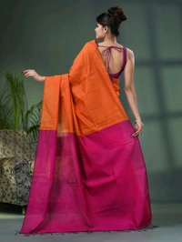 Cotton Blend Contrast Pallu Saree - Orange & Magenta, Cotton