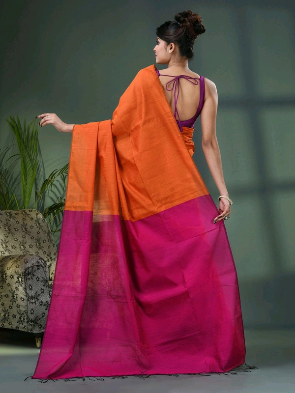 Cotton Blend Contrast Pallu Saree - Orange & Magenta, Cotton