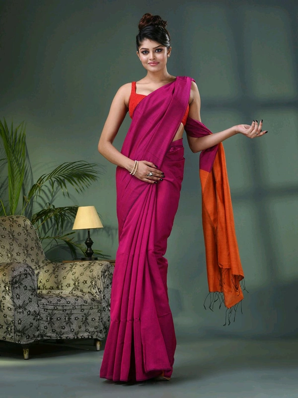 Cotton Blend Contrast Pallu Saree - Magenta & Orange, Cotton