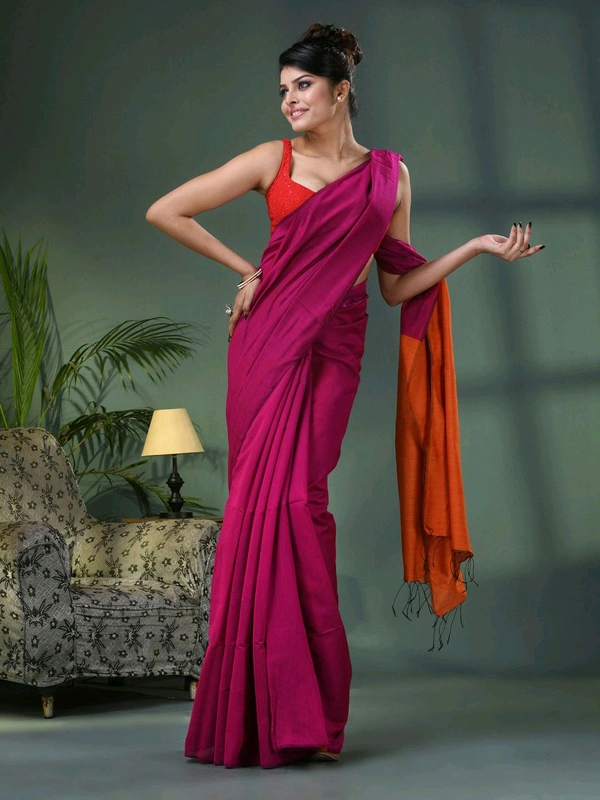 Cotton Blend Contrast Pallu Saree - Magenta & Orange, Cotton