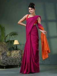 Cotton Blend Contrast Pallu Saree - Magenta & Orange, Cotton