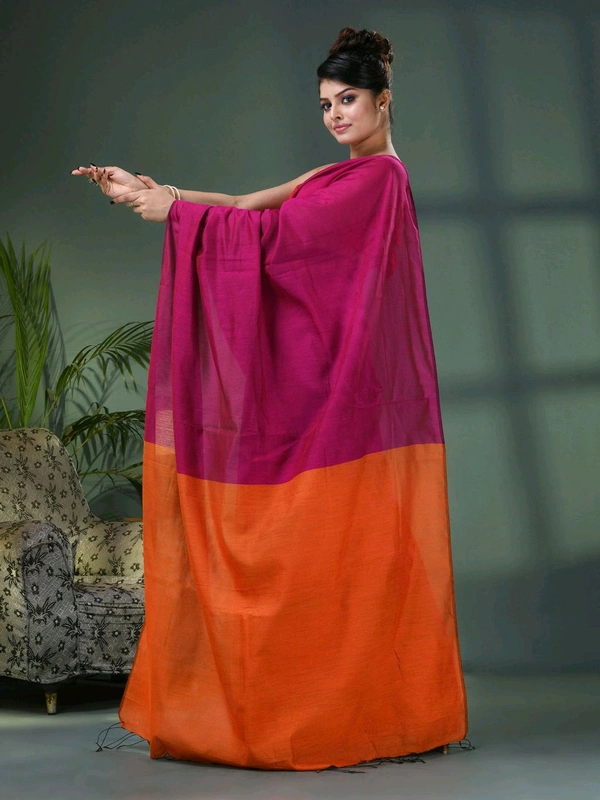 Cotton Blend Contrast Pallu Saree - Magenta & Orange, Cotton