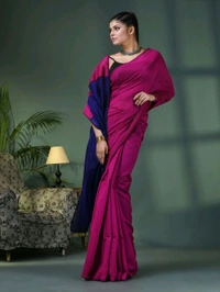 Cotton Blend Contrast Pallu Saree - Purple & Blue, Cotton