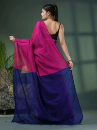 Cotton Blend Contrast Pallu Saree - Purple & Blue, Cotton