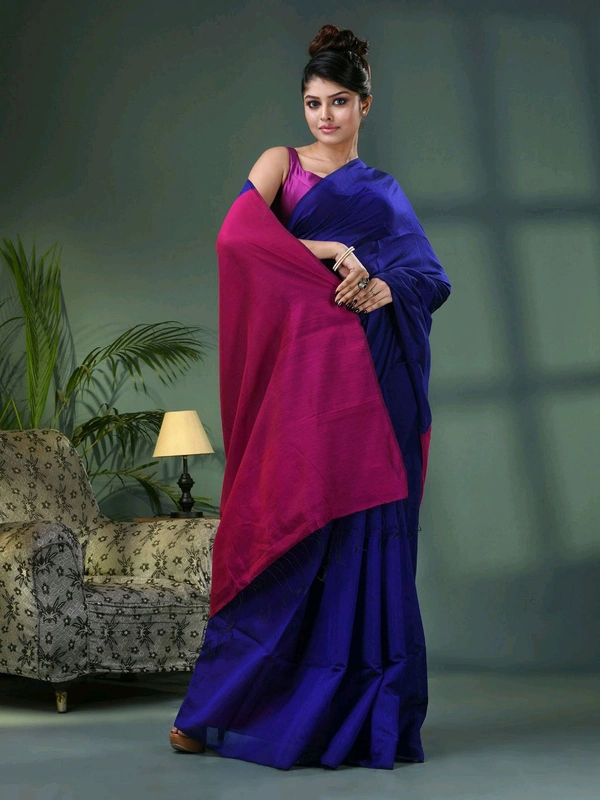 Cotton Blend Contrast Pallu Saree - Blue & Purple, Cotton