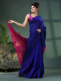 Cotton Blend Contrast Pallu Saree - Blue & Purple, Cotton