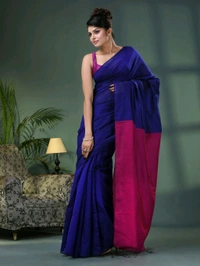 Cotton Blend Contrast Pallu Saree - Blue & Purple, Cotton