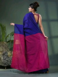 Cotton Blend Contrast Pallu Saree - Blue & Purple, Cotton