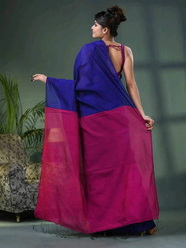 Cotton Blend Contrast Pallu Saree - Blue & Purple, Cotton