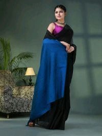 Cotton Blend Contrast Pallu Saree - Black & Blue, Cotton