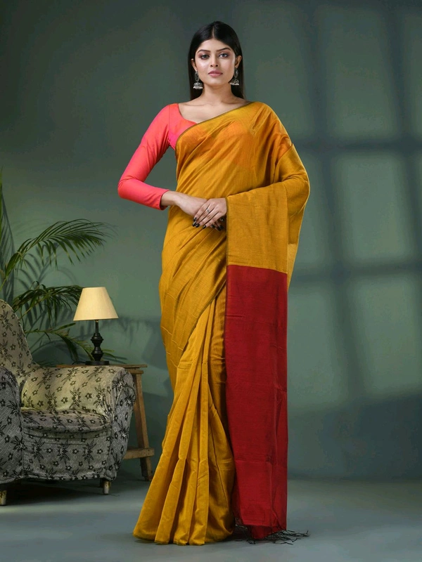 Cotton Blend Contrast Pallu Saree - Gold & Brown, Cotton