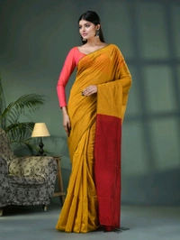 Cotton Blend Contrast Pallu Saree - Gold & Brown, Cotton