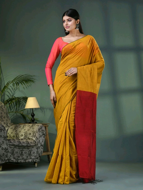 Cotton Blend Contrast Pallu Saree - Gold & Brown, Cotton