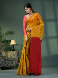 Cotton Blend Contrast Pallu Saree - Gold & Brown, Cotton