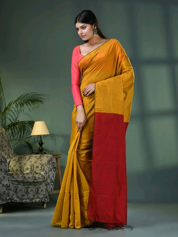 Cotton Blend Contrast Pallu Saree - Gold & Brown, Cotton
