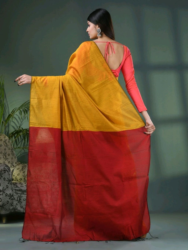 Cotton Blend Contrast Pallu Saree - Gold & Brown, Cotton
