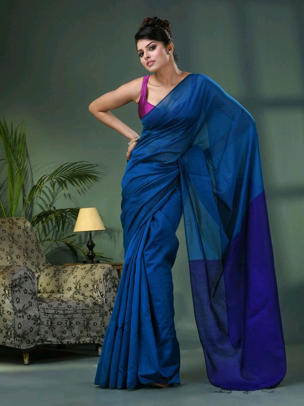 Cotton Blend Contrast Pallu Saree - Blue, Cotton