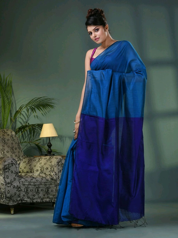 Cotton Blend Contrast Pallu Saree - Blue, Cotton