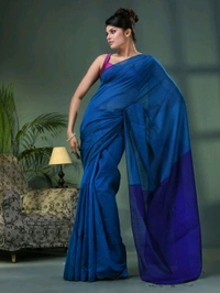Cotton Blend Contrast Pallu Saree - Blue, Cotton