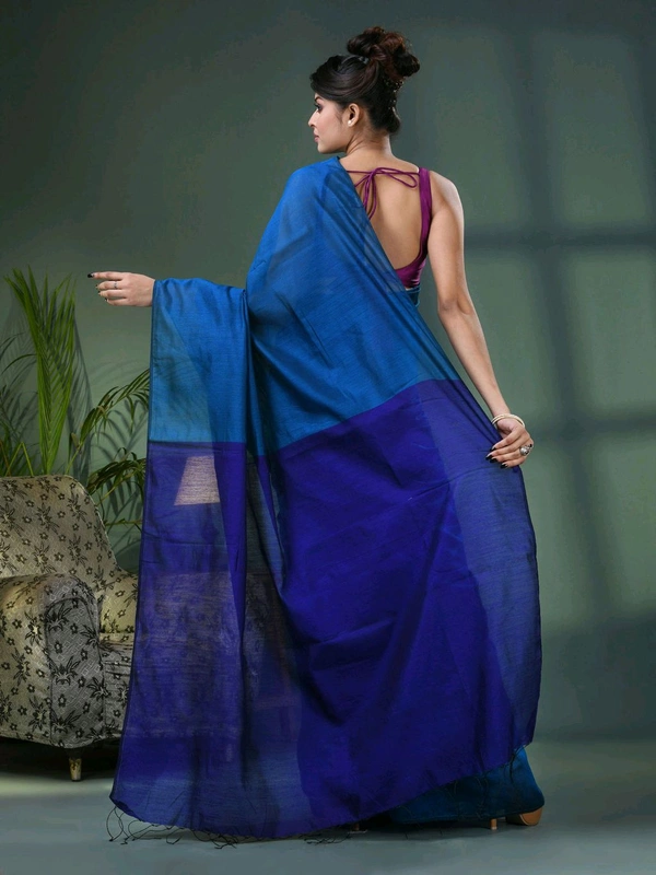 Cotton Blend Contrast Pallu Saree - Blue, Cotton