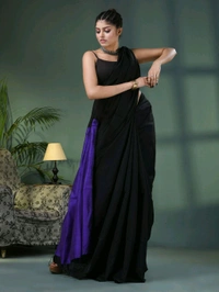 Cotton Blend Contrast Pallu Saree - Black & Magenta, Cotton