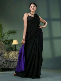 Cotton Blend Contrast Pallu Saree - Black & Magenta, Cotton