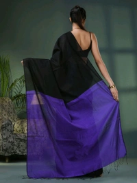Cotton Blend Contrast Pallu Saree - Black & Magenta, Cotton
