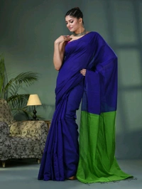 Cotton Blend Contrast Pallu Saree - Blue & Green, Cotton