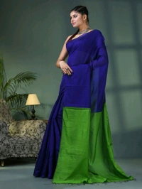 Cotton Blend Contrast Pallu Saree - Blue & Green, Cotton