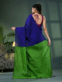 Cotton Blend Contrast Pallu Saree - Blue & Green, Cotton