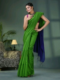 Cotton Blend Contrast Pallu Saree - Green & Blue, Cotton