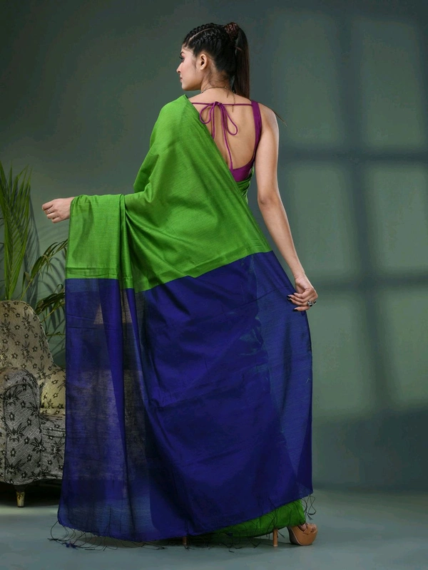 Cotton Blend Contrast Pallu Saree - Green & Blue, Cotton