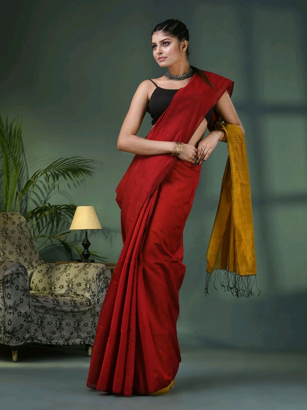Cotton Blend Contrast Pallu Saree - Red & Gold, Cotton