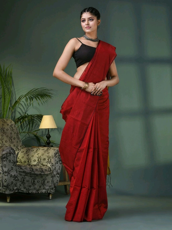 Cotton Blend Contrast Pallu Saree - Red & Gold, Cotton