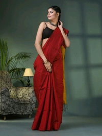 Cotton Blend Contrast Pallu Saree - Red & Gold, Cotton