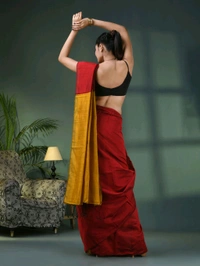 Cotton Blend Contrast Pallu Saree - Red & Gold, Cotton