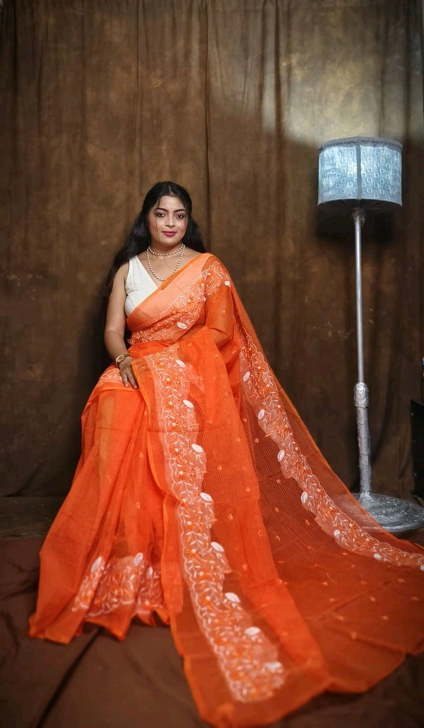 Embroidered Resham Kota Saree - Orange