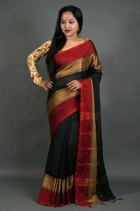 Cotton Blend Dual Border Saree - Black