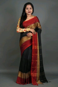 Cotton Blend Dual Border Saree - Black