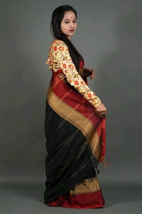 Cotton Blend Dual Border Saree - Black