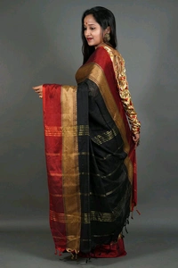Cotton Blend Dual Border Saree - Black