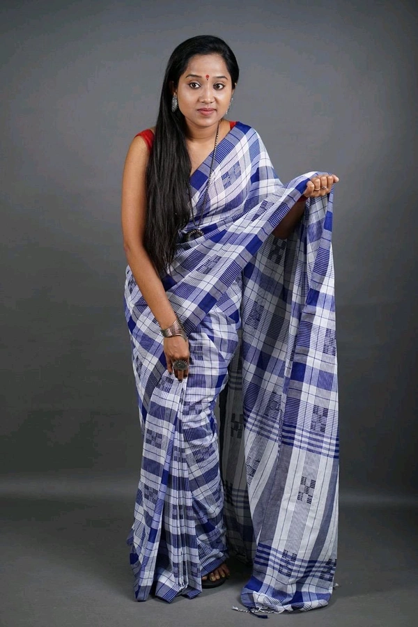 Handloom Box Check Cotton Saree  - White & Blue