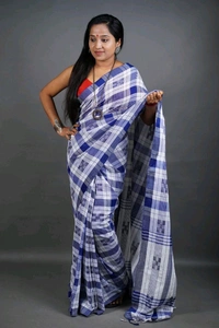 Handloom Box Check Cotton Saree  - White & Blue