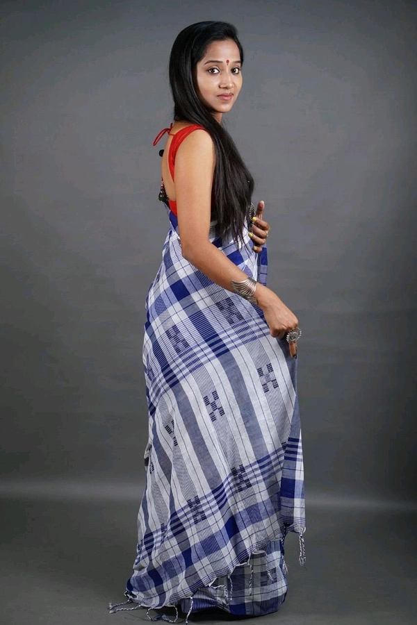 Handloom Box Check Cotton Saree  - White & Blue