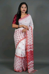 Handloom Red White Astami Cotton Saree  - White & Red