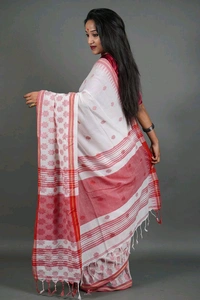 Handloom Red White Astami Cotton Saree  - White & Red