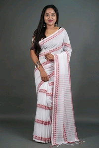 Woven Cross Chain Cotton Saree  - White & Red