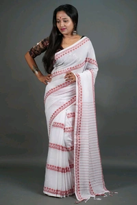Woven Cross Chain Cotton Saree  - White & Red