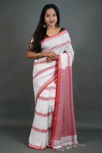 Red Pallu Cross Chain Cotton Saree  - White & Red