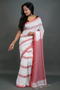 Red Pallu Cross Chain Cotton Saree  - White & Red